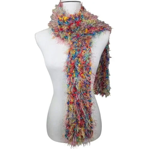 MULTICOLOR FUZZY 64" × 4" SCARF – RAINBOW FEATHERY TEXTURE STATEMENT ACCESSORY - Picture 1 of 7